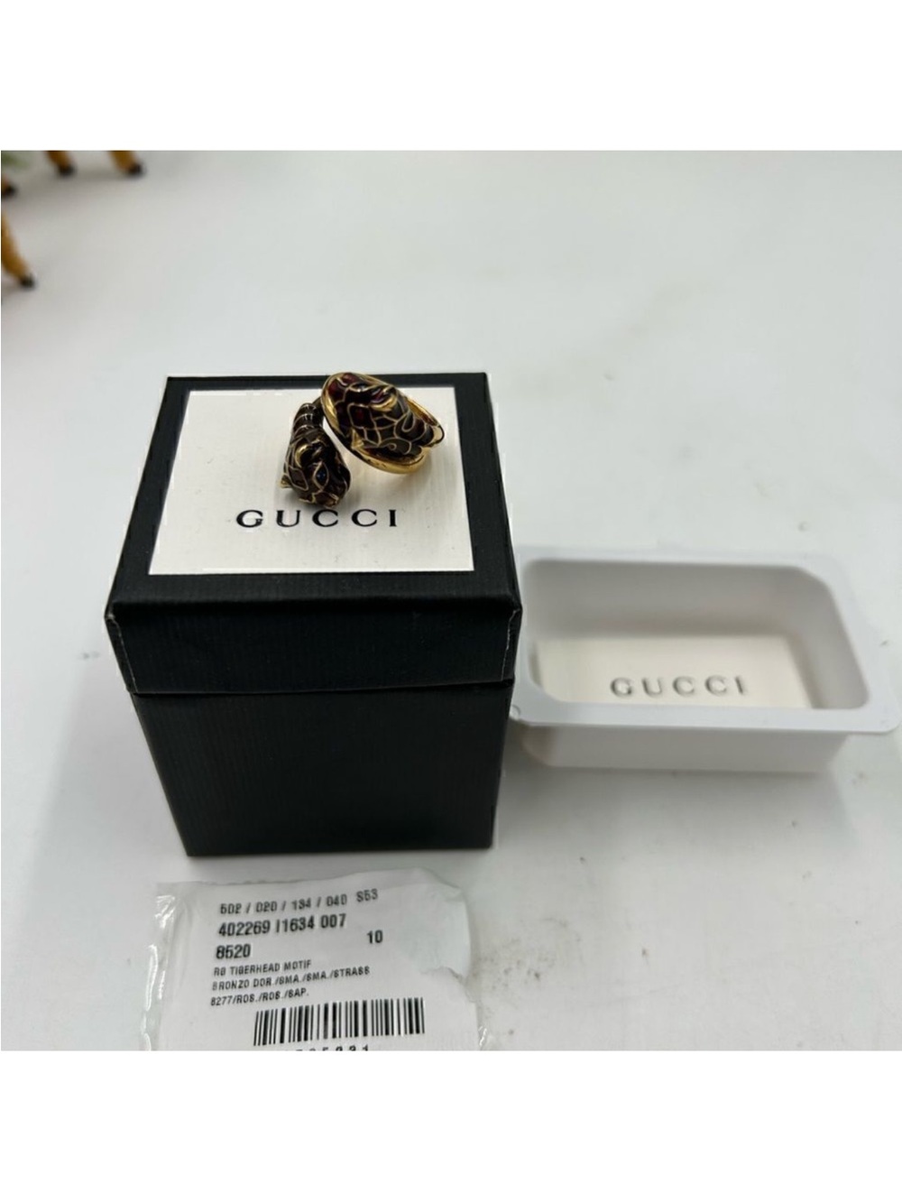 Women’s Gucci, gold tone, tiger, head motive, ring size 5, made in Italy